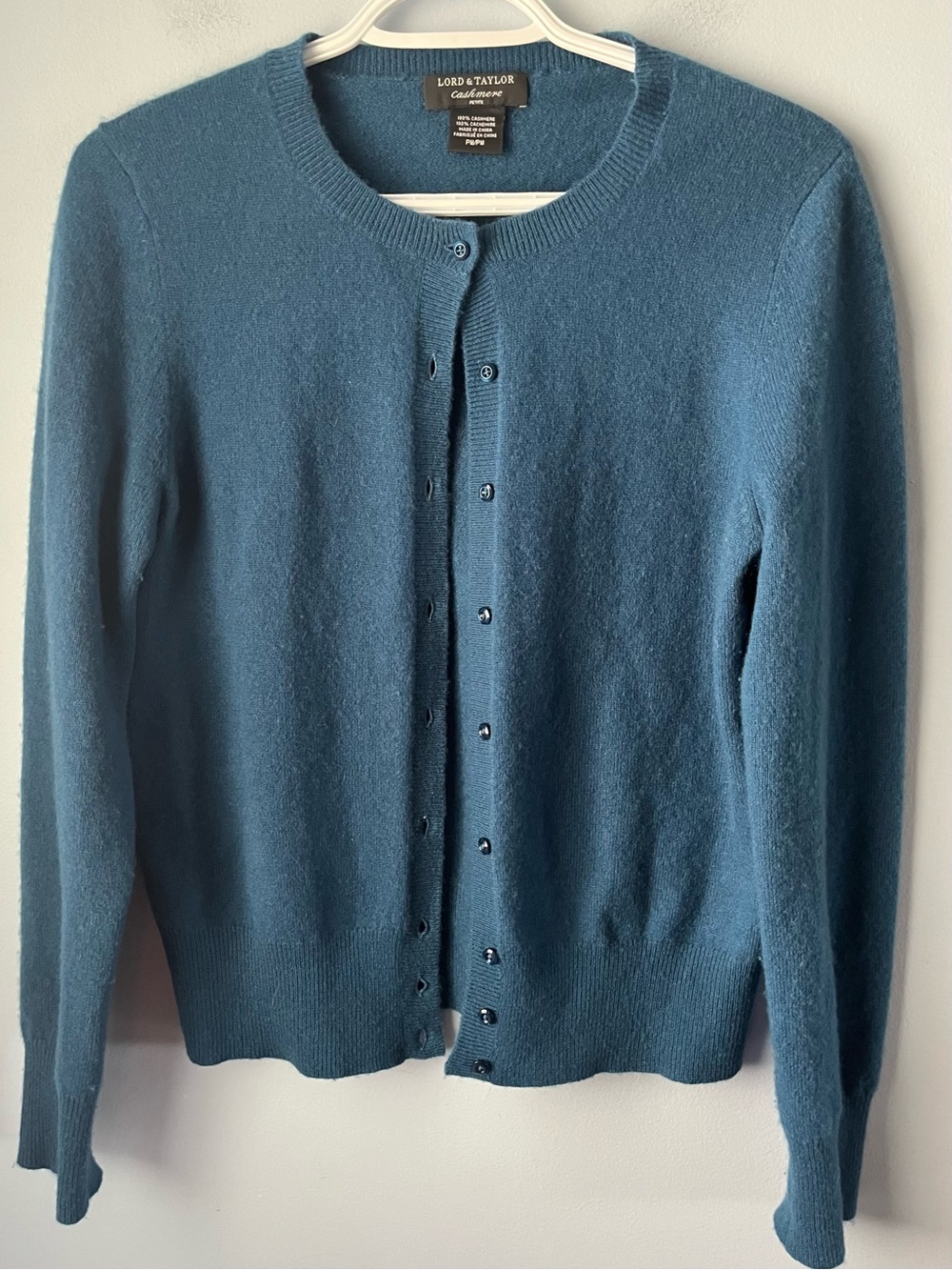 Lord & Taylor Blue 100% Cashmere Crewneck Button-Up Cardigan Size M Petite